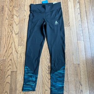 Odlo High Support Essential Black and Green Running Tights, size slim small